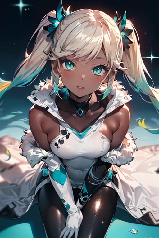 Iooiklas,Platinum platinum blonde hair,Twin tails, hair ornaments, White Dress, Black knee socks, 
Removable sleeves,Complex eyes,Beautiful fine details,Symmetrical eyes,Big eyes:1.5,
(((dark skin,dark_skin,lustrous skin:1.5,bright skin: 1.5,
skin tanned,shiny skin,very shiny skin,Shiny body,plastic glitter 
skin,exaggerated shiny skin,illuminated skin))),
(,Detailed body,(Detailed face)), cute,Lewd,erotic,Bold,
Revealing clothing,show skin,(((Sexy aqua fur coat, Aqua fur coat outfit,
 wearing a Ice Dress:1.3,aqua 冬 coat))), ((Ice Dress,elegant Ice Dress)),
(White gloves,White clothes,(((Complex outfit,Complicated clothes,Embroidered costume,Glamorous costumes,Embroidered clothes,
Glamorous clothing))),skinsuit, Bodysuits, pantyhose,
High resolution,Sharp focus,(Super detailed,Very detailed),(Very detailed CG unity 8k wallpaper),
(((Vibrant colors))),

smile, Open your mouth,Seductive eyes, Sitting with legs apart,
