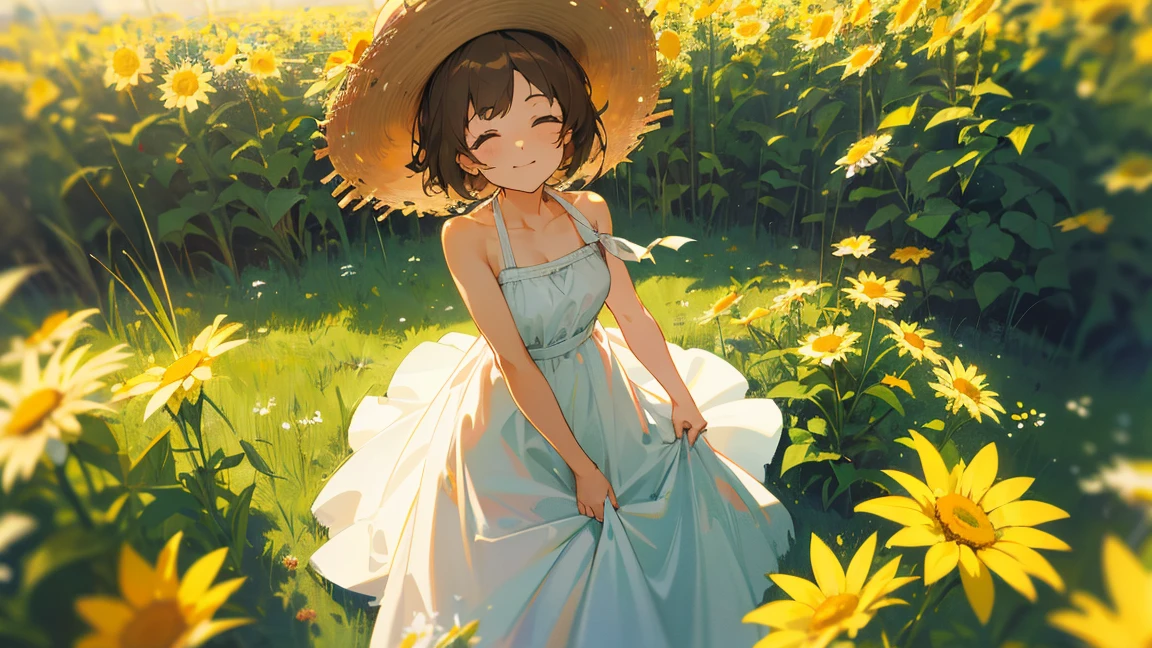 Masterpiece-grade CG, Maximum image quality and detail, Photo-level realism (1.4). (One Girl), Wearing a white dress, slightly exposed shoulders, Delicate and radiant skin, smile, in the garden, Surrounded by yellow daisies, I raised my head a little and looked up at the bright sky., The paintings employ an artistic impasto style., Softer brightness, 4K HD wallpapers, Better volumetric cloud effect. Wearing a straw hat