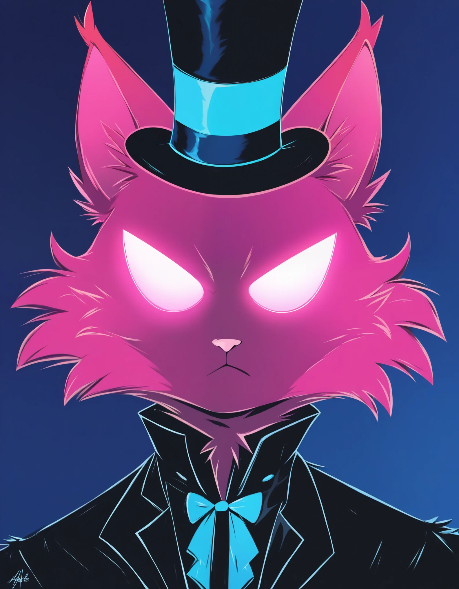 score_9, score_8_up, score_7_up, source_furry, masterpiece, best quality, ultra high res, a cute cat, animal, beautiful, visually stunning, elegant, incredible details, award-winning painting, high contrast, vector art, line art, splatter, flat color, color merge gradient, (kitten:0.7), (dark blue theme:1.2), n3on, glowing, neon, (fluffy:1.2), top hat, cat eyes, serious, magenta, (no humans:1.4)