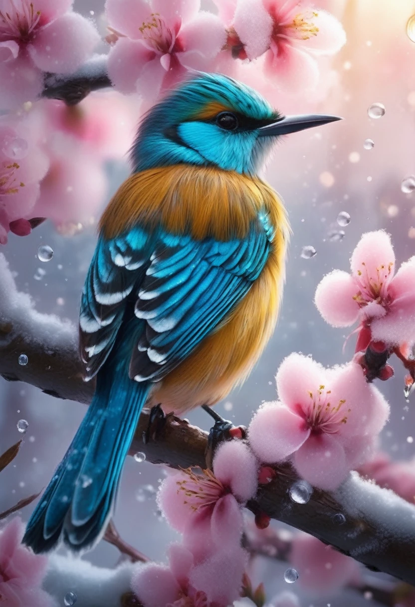 A beautiful hyper-fluffy hyperrealistic bird on a branch with pink flowers and snow. Small water drops, shining. Sunrise. Pastel colors. Intricately detailed, masterpiece, beautiful. Photorealistic, raw image. aesthetic