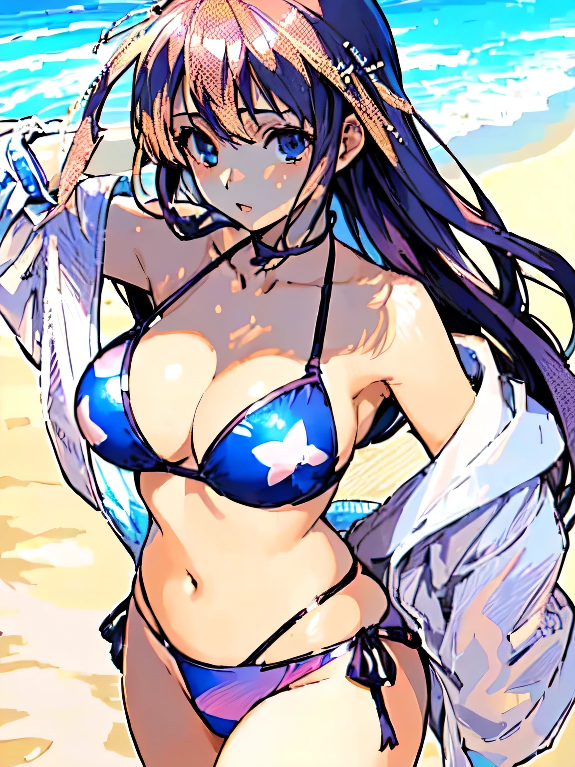 A woman wearing a bikini top and standing on the beach, Attractive anime girl, OPPEIN, author:Kentaro Miura, | Elaborate anime, Beautiful and charming anime woman, Detailed anime artwork, realistic bikini, swimsuit, Realistic young photo idol, Realistic sexy photo idol, Beautiful seductive anime , OPPEIN proportions,8K
