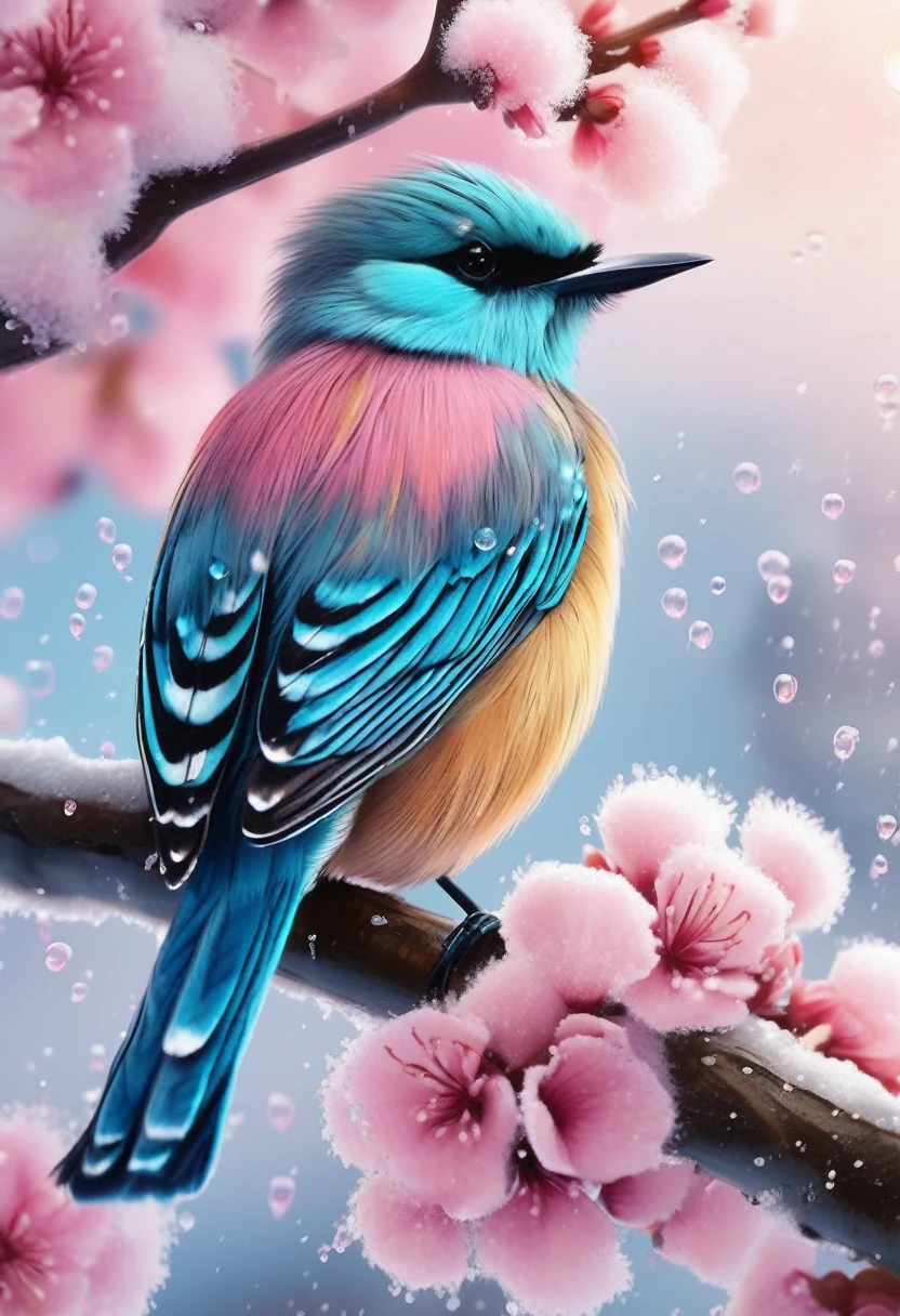 A beautiful hyper-fluffy hyperrealistic bird on a branch with pink flowers and snow. Small water drops, shining. Sunrise. Pastel colors. Intricately detailed, masterpiece, beautiful. Photorealistic, raw image. aesthetic