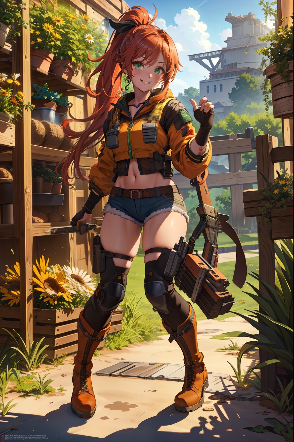 (extremely detailed CG unity 4k wallpaper),(masterpiece),(best quality),(ultra-detailed),(best illustration),(best shadow),(absurdres),(detailed background), Red long hair (Ponytail), green eyes, Daisy dukes, Smiling, Boots, Farm,