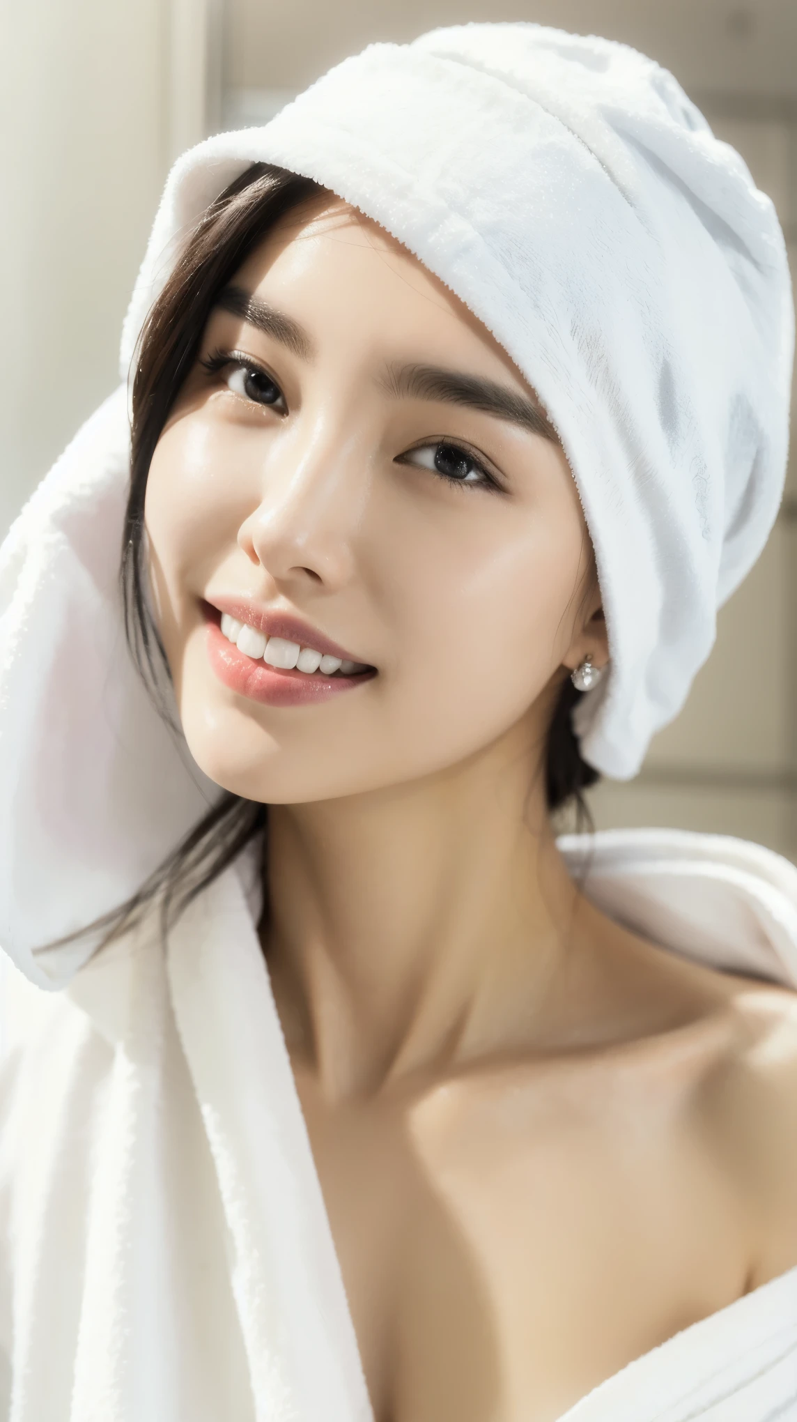 Fashion model 20 years old [[[[close up]]]], [[[[neck]]]], [[[[Shoulder]]]], Perfect eyes, Perfect iris，Perfect lips，Perfect Teeth，Perfect skin，White skin，Soft headlights，High-density imaging，（The face is clear and delicate），((White towel wrapped around head))，((Smile))，((White shower cap))，((Just finished taking a shower))，((Background is indoor))，best quality，masterpiece，（Soft colors：1.2）