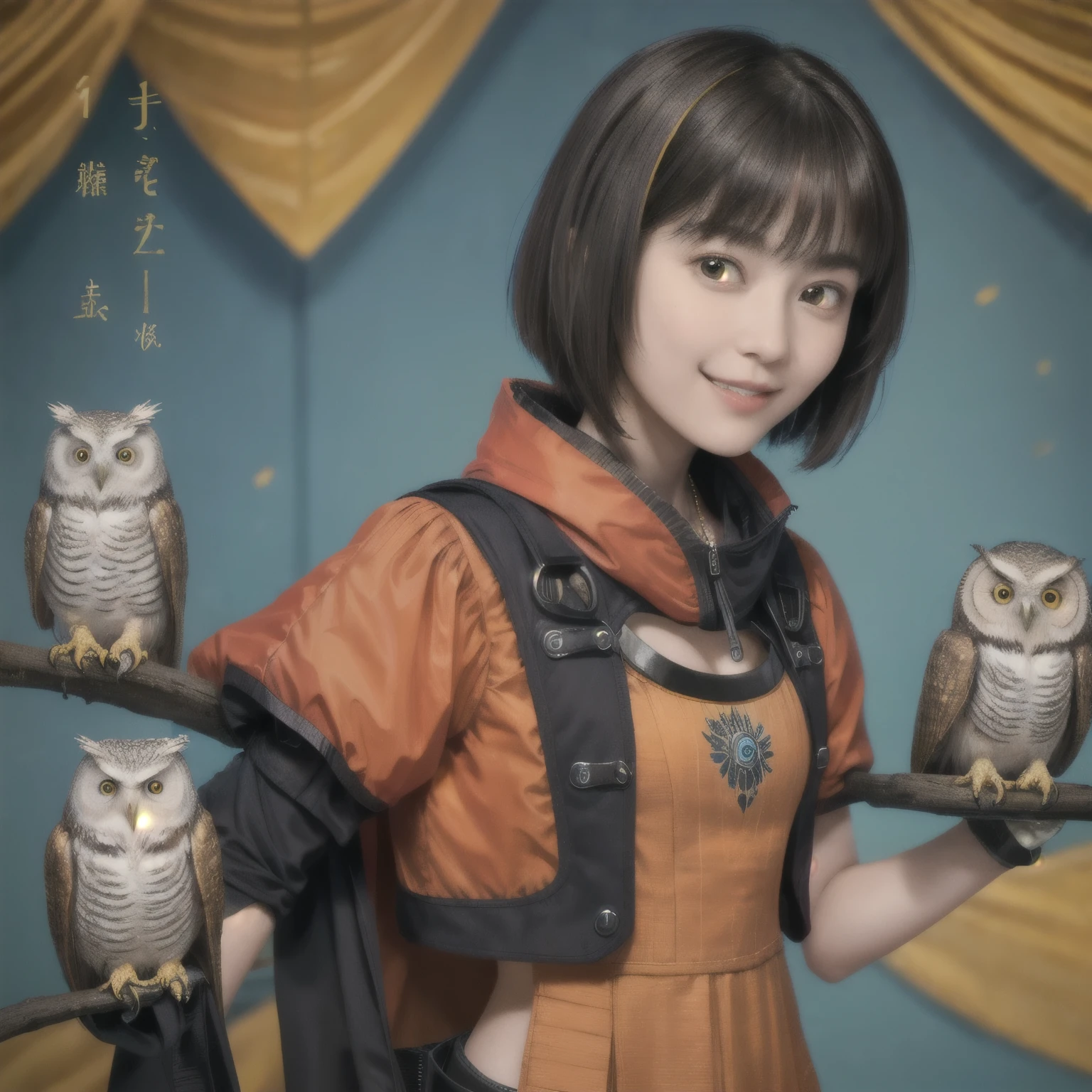 224 Short Hair, 20-year-old woman, A kind smile, (There are also colorful owls), (Rembrandt-style painting), ((machinery suit,Clothes with short sleeves)),I can see your abs