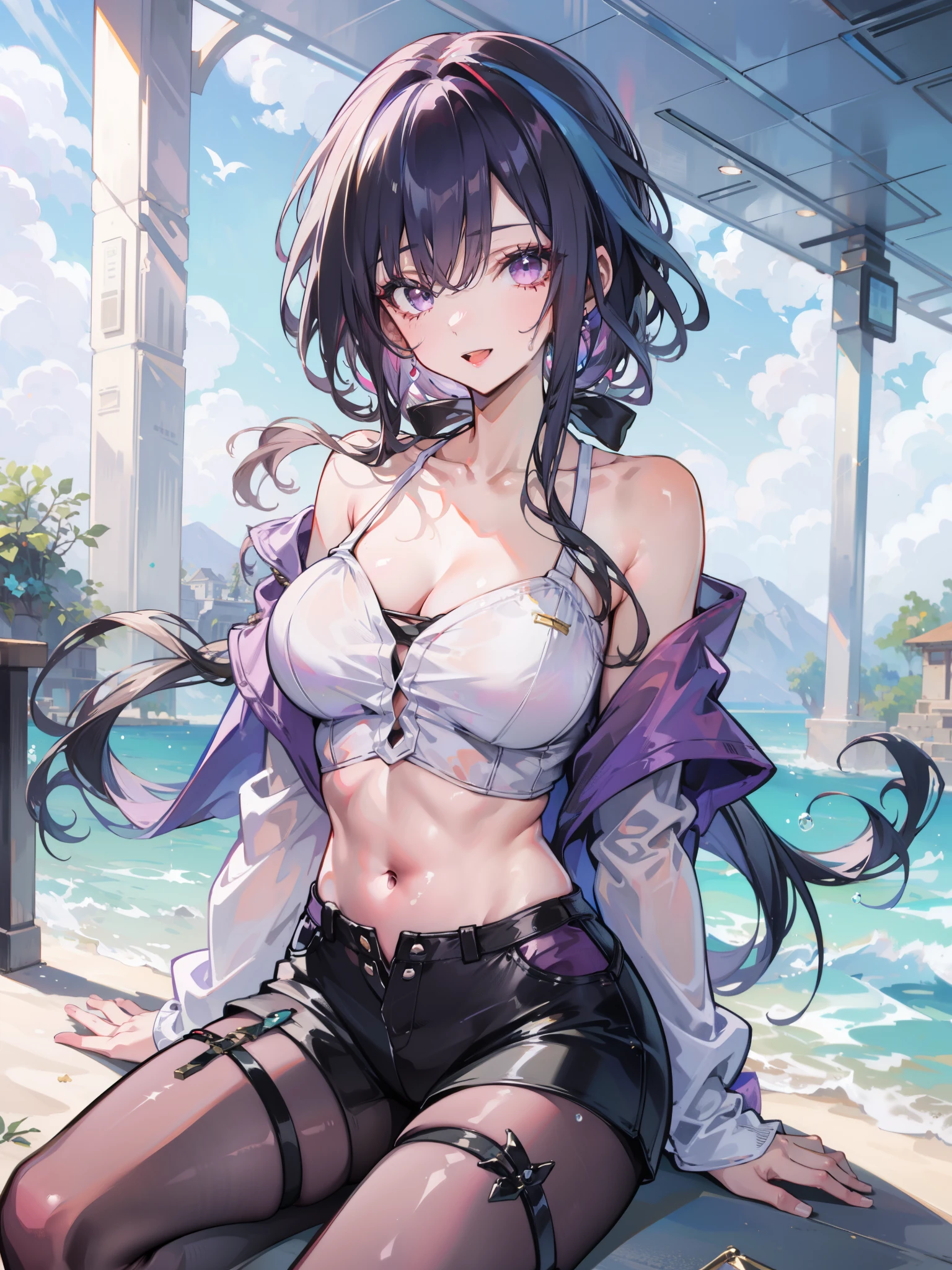 an anime girl with purple hair in a bikini kneeling in the sand, breasts, solo, navel, purple eyes, shorts, stomach, smile, looking at viewer, bare arms, thighs, long hair, cleavage, bare shoulders, crop top, braid, wet, short shorts, (((large breasts))), mole under eye, purple hair, sitting, smile sweetly, wooden floor, sweat, shirt, white shirt, denim shorts, spaghetti strap, open fly, sleeveless, denim, midriff, :d, sleeveless shirt, micro shorts, collarbone, bangs, (((Perfect Breasts))), (((masterpiece))), (((best quality))), ((ultra-detailed)), perfect body, (masterpiece), (best quality:1.4), (ultra high res:1.2), (sharp focus:1.3), detailed breasts, 24 year old girl, perfect thighs, perfect breasts, (((big breasts))), multicolored hair, (((big thighs))), streaked hair, multicolored eyes