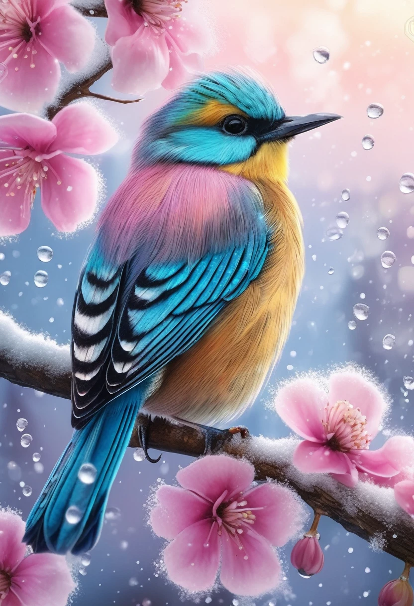 A beautiful hyper-fluffy hyperrealistic bird on a branch with pink flowers and snow. Small water drops, shining. Sunrise. Pastel colors. Intricately detailed, masterpiece, beautiful. Photorealistic, raw image. aesthetic