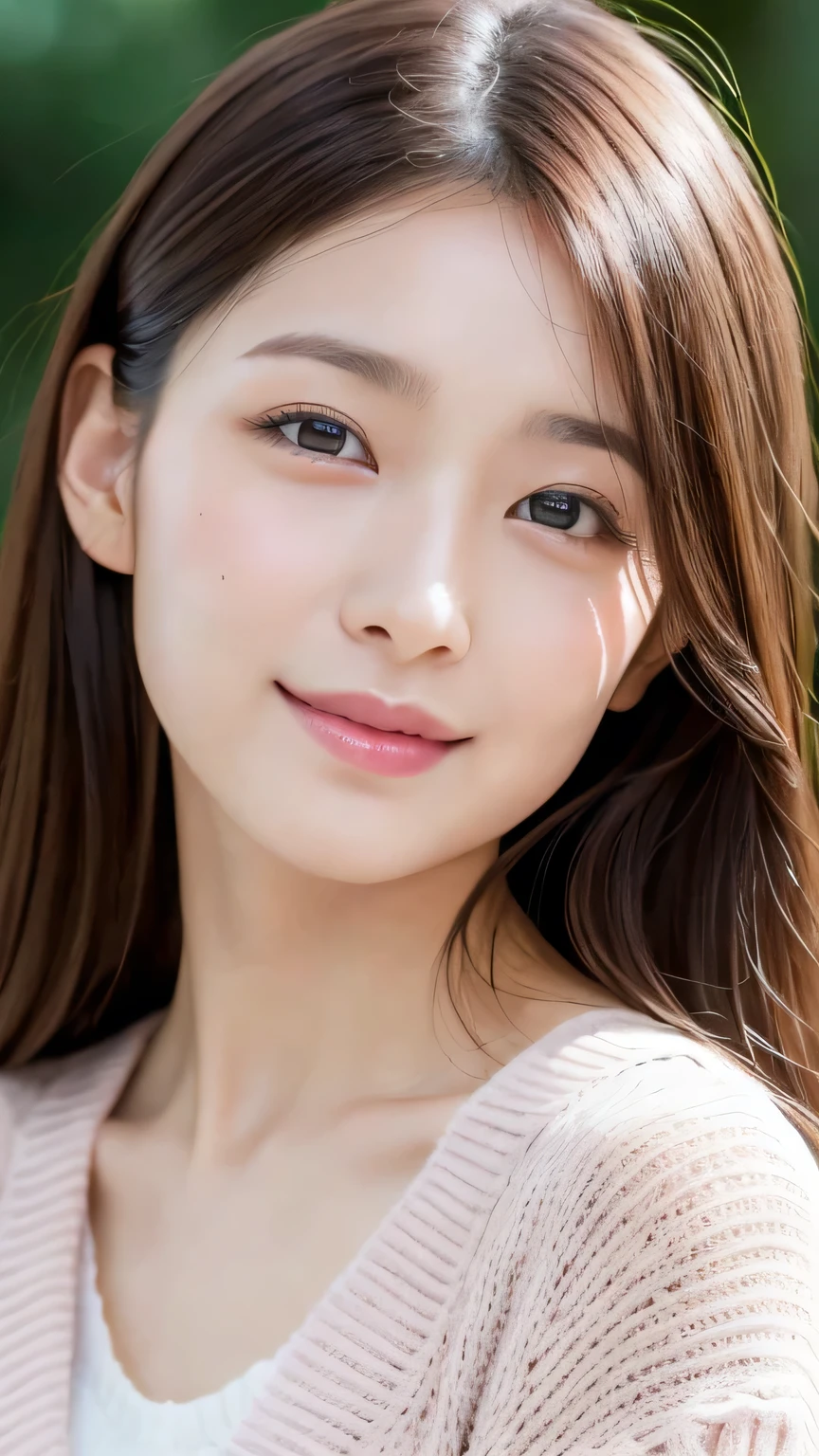 8k, highest quality, masterpiece, Realistic, Photorealistic, Ultra-detailed, Natural light, Highly detailed face and skin, Detailed eyes, Highly detailed face and skinの中間ショット, Beautiful woman staring at camera, Sexy pose, Beautiful Face, Realistic Face, Detailed face, Beautiful hairstyle, Realistic eyes, Fine grain, Realistic Skin, Detailed skin, Green Eyes,Beautiful Skin, Charm, Ultra-realistic, ((Sexy pink cardigan, kind, Brown Hair, Cute Japanese Girl, Whole body 1:4,Dimples,))
