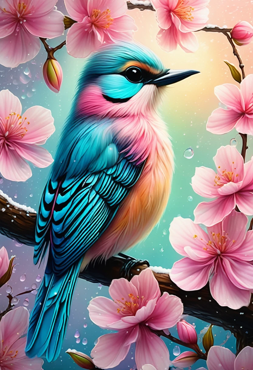 A beautiful hyper-fluffy hyperrealistic bird on a branch with pink flowers and snow. Small water drops, shining. Sunrise. Pastel colors. Intricately detailed, masterpiece, beautiful. Photorealistic, raw image. aesthetic