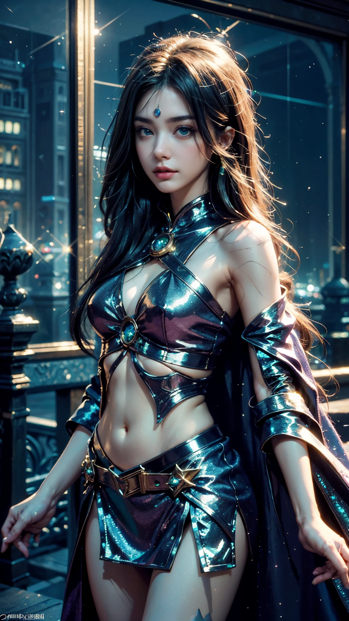 4k, UHD, masterpiece, 1 girl, good face, ((detailed eyes)), very long hair, impressive hairstyle, perfect brasts, fantasy cosplay, green cosplay, strap cosplay, navel, cape, night city, building, lamps, depth of field, reflection light, ((sparkle)), chromatic aberration,