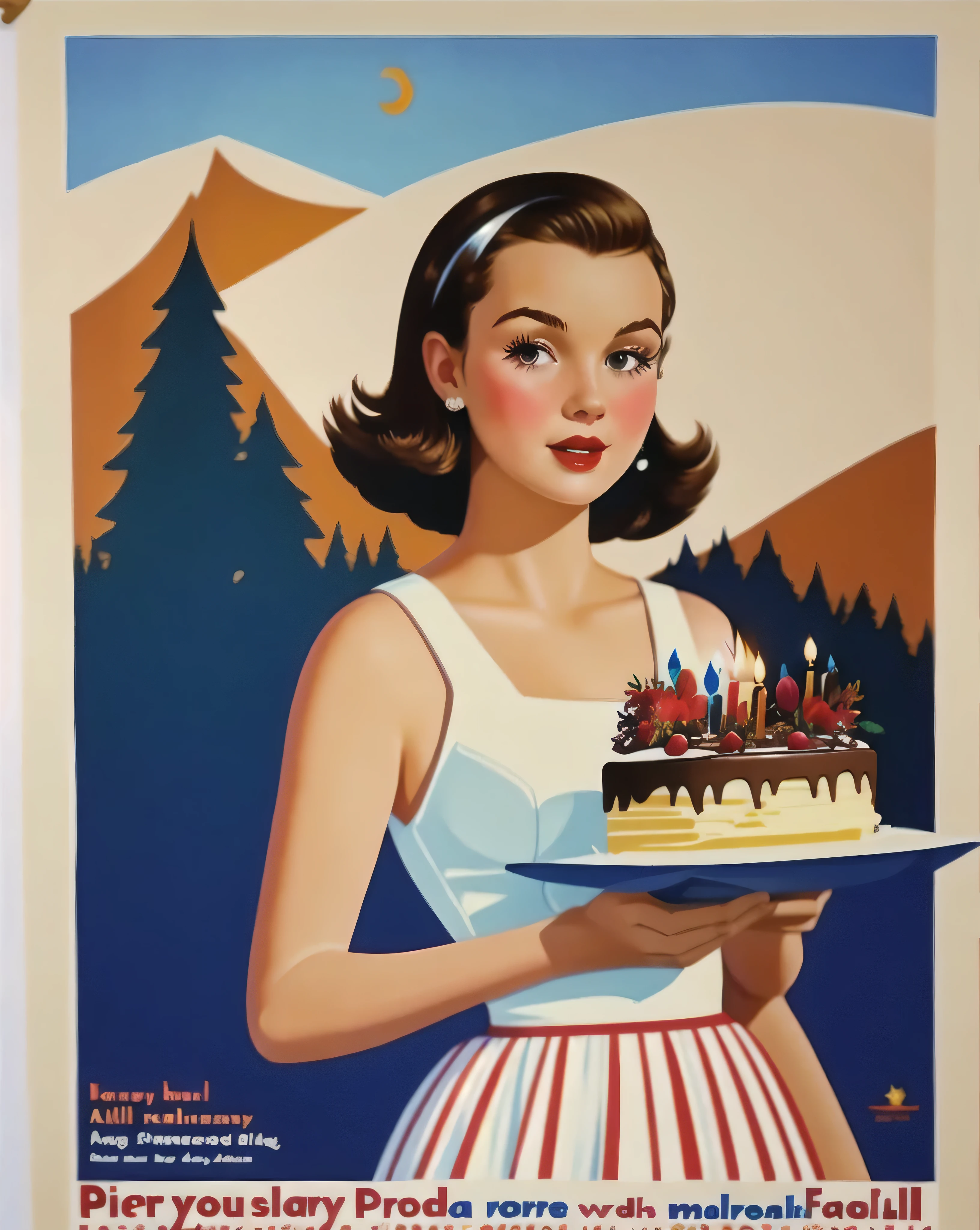 best quality,masterpiece,Very detailed,Super detailed,White background,1 Girl,Long floral dress, Holding a big cake，Cake with candles，50s America, 
 poster, Clear lines, primary color,