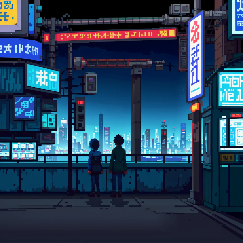 isometric view, A city shrouded in blue, Neon in the blue stray, Telephone poles, night, Electronic Bulletin Board, Background seen from the front, apartment