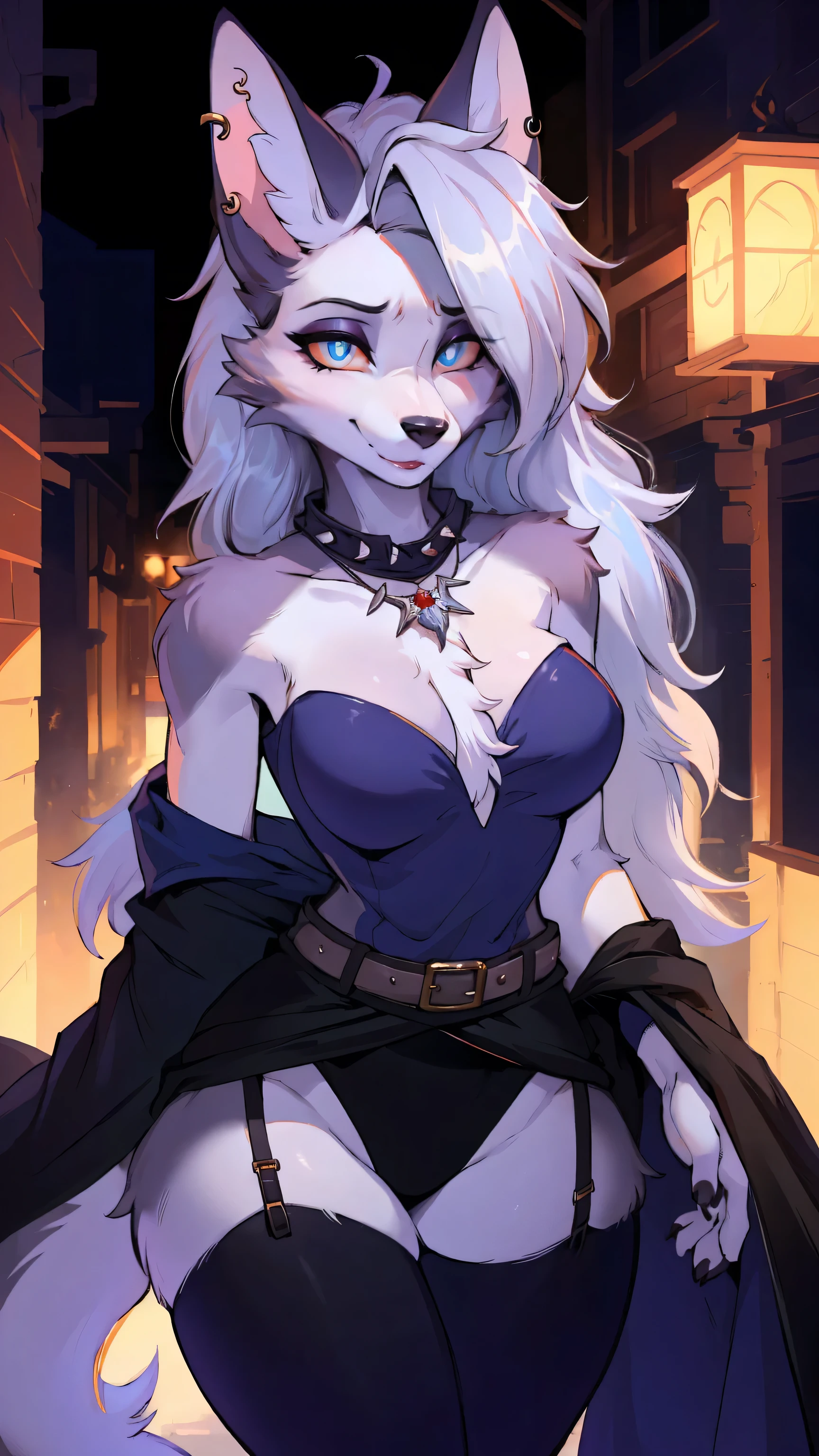 cute,furry_girl,wolf_girl,Elegant figure,Model's body_type,detailed_eyes,silver_hair,cute_ears,wolf_ears,black robe,leggings,fluffy_furs,earrings,upper body,stocking with garterbelt,neck garter,(perfect detailed eyes:1.5),jewelry, blank eyes,brooch,smiling,(front:1.5),(furry:1.5),long lashes,flowy chiffon,well-proportioned figure,(thick thighs:1.1),perfectly high-detail facial features,(perfect detailed eyes:1.5),silky long hair,masterpiece, best quality, Ultra-high quality, Ridiculous details,(best quality,4k,8k,highres,masterpiece:1.2),ultra-detailed