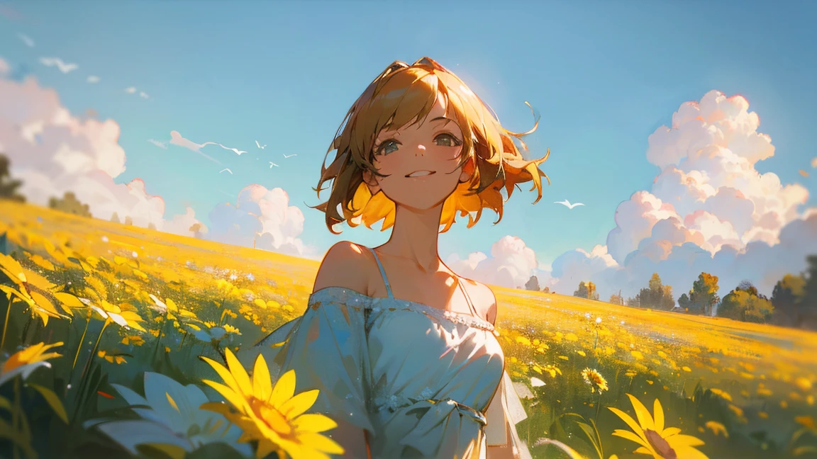 Masterpiece-grade CG, Maximum image quality and detail, Photo-level realism (1.4). (One Girl), Wearing a white dress, slightly exposed shoulders, Delicate and radiant skin, smile, in the garden, Surrounded by yellow daisies, I raised my head a little and looked up at the bright sky., The paintings employ an artistic impasto style., Softer brightness, 4K HD wallpapers, Better volumetric cloud effect.