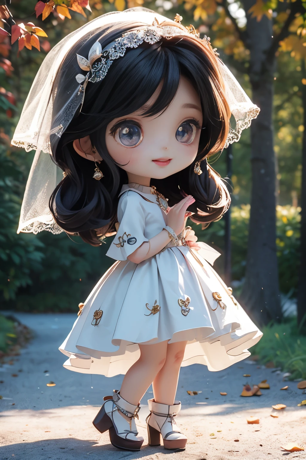 cute blythe doll,(((chibi 3d))) (best quality) (Grand Prix Principal)、Chibi Models, Retro dresses、Black hair veil decorated with luxurious jewelry、Autumn in the fairytale forest、hand holding retro lantern、detailed face、Open your mouth and smile, full body, side view, Gaze 45 degrees forward,