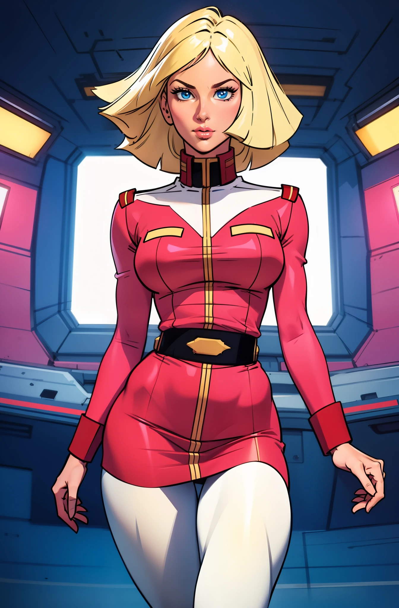 ((masterpiece)), ((cinematic lighting)), realistic photo、Real Images、Top image quality、1girl in, sayla mass, Elegant, masterpiece, Convoluted, slim arms, wide hips, thick thighs, thigh gaps, Best Quality, absurderes, high face detail, Perfect eyes, mature, Cowboy Shot, , Vibrant colors, light pink uniform, light pink Skirt, white tights