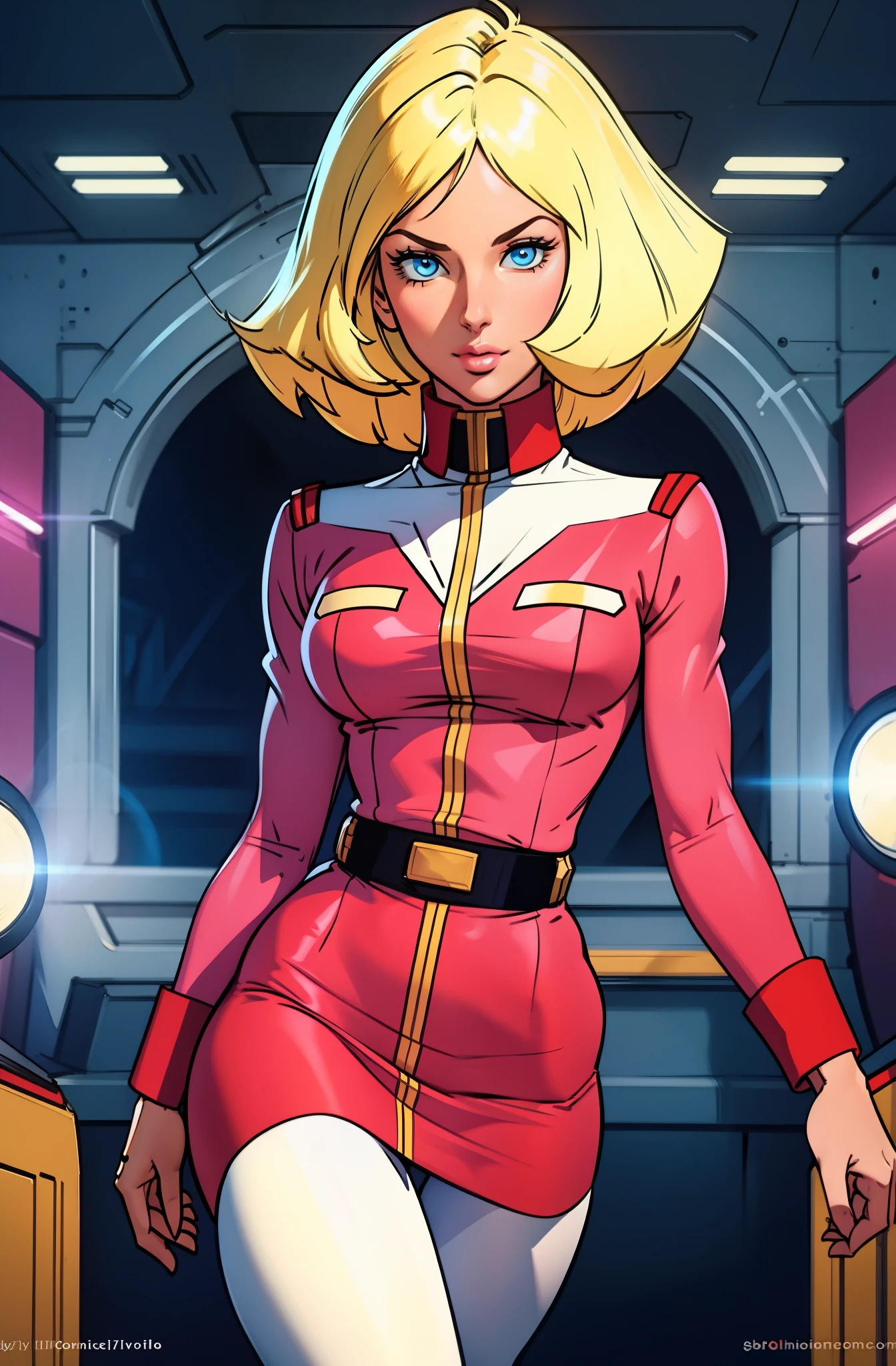 ((masterpiece)), ((cinematic lighting)), realistic photo、Real Images、Top image quality、1girl in, sayla mass, Elegant, masterpiece, Convoluted, slim arms, wide hips, thick thighs, thigh gaps, Best Quality, absurderes, high face detail, Perfect eyes, mature, Cowboy Shot, , Vibrant colors, light pink uniform, light pink Skirt, white tights