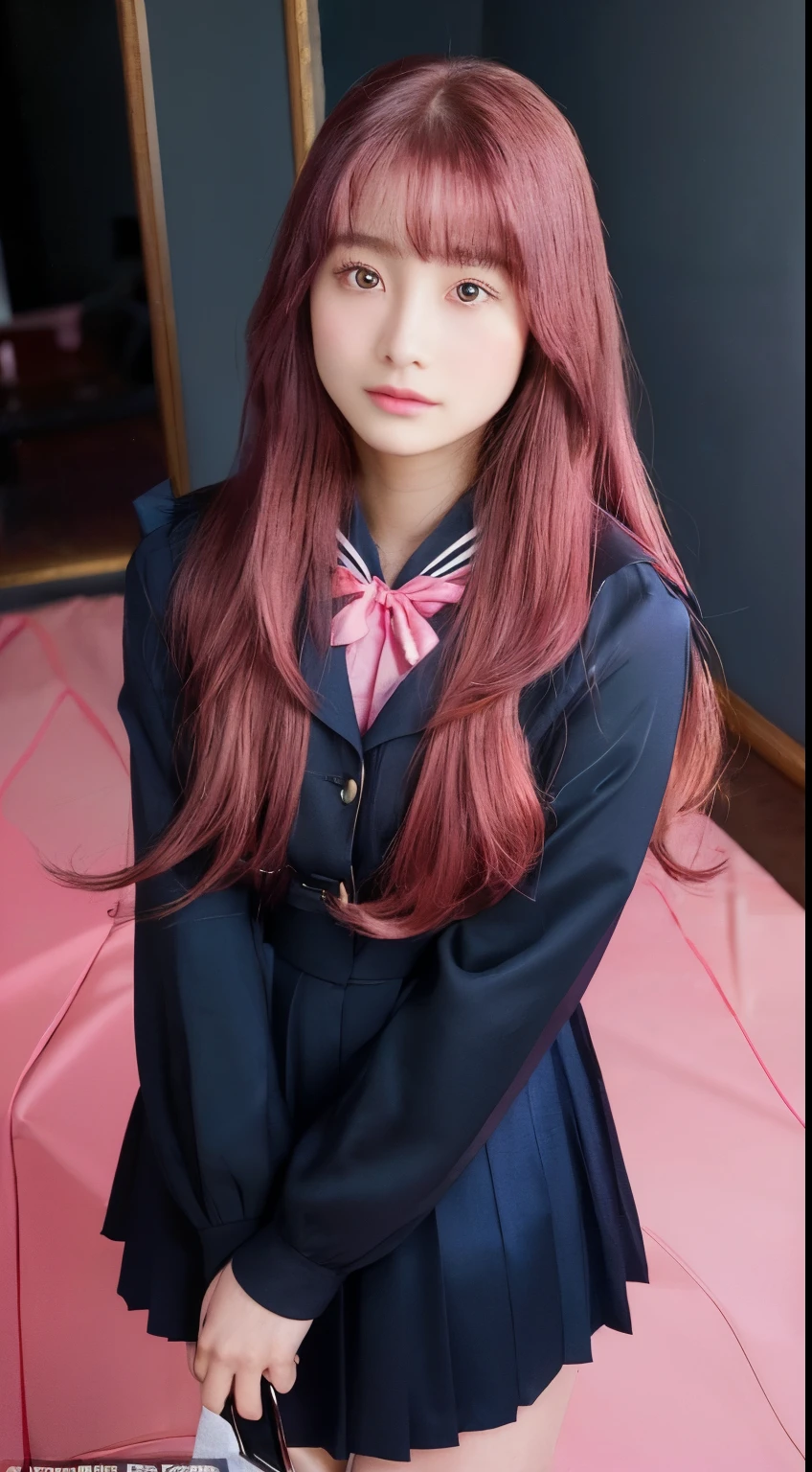 highest quality, (masterpiece:1.2), Very detailed, ((Pitch-dark roomの中で、A very beautiful girl captivates the viewer)), (()), (((Beautiful long, Very shiny pink hair))), She has a big yellow ribbon in her hair.., ((Navy blue sailor suit)), ((Navy pleated long skirt)), ((((Very beautiful, shining, deep pink eyes)))), ((Very long eyelashes)), A large crimson ribbon on the chest, Large Breasts, ((An elegant expression like a noble princess)), (((Beautiful and captivating smile))), Very good posture, ((The Mystery of the Sabbath)), (((Pitch-dark room))), Black Altar, Black Wall, Many portraits and bronze statues of beautiful women are on display.., (((A space where you can solve mysteries with magic circles drawn on it)))