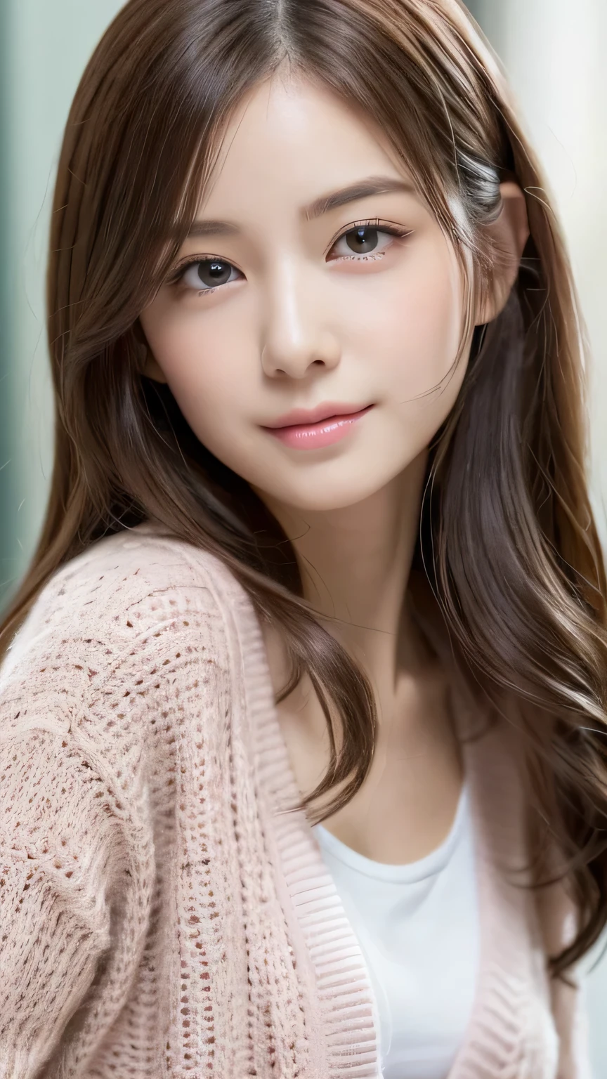 8k, highest quality, masterpiece, Realistic, Photorealistic, Ultra-detailed, Natural light, Highly detailed face and skin, Detailed eyes, Highly detailed face and skinの中間ショット, Beautiful woman staring at camera, Sexy pose, Beautiful Face, Realistic Face, Detailed face, Beautiful hairstyle, Realistic eyes, Fine grain, Realistic Skin, Detailed skin, Green Eyes,Beautiful Skin, Charm, Ultra-realistic, ((Sexy pink cardigan, kind, Brown Hair, Cute Japanese Idol, Whole body 1:4,Dimples,))