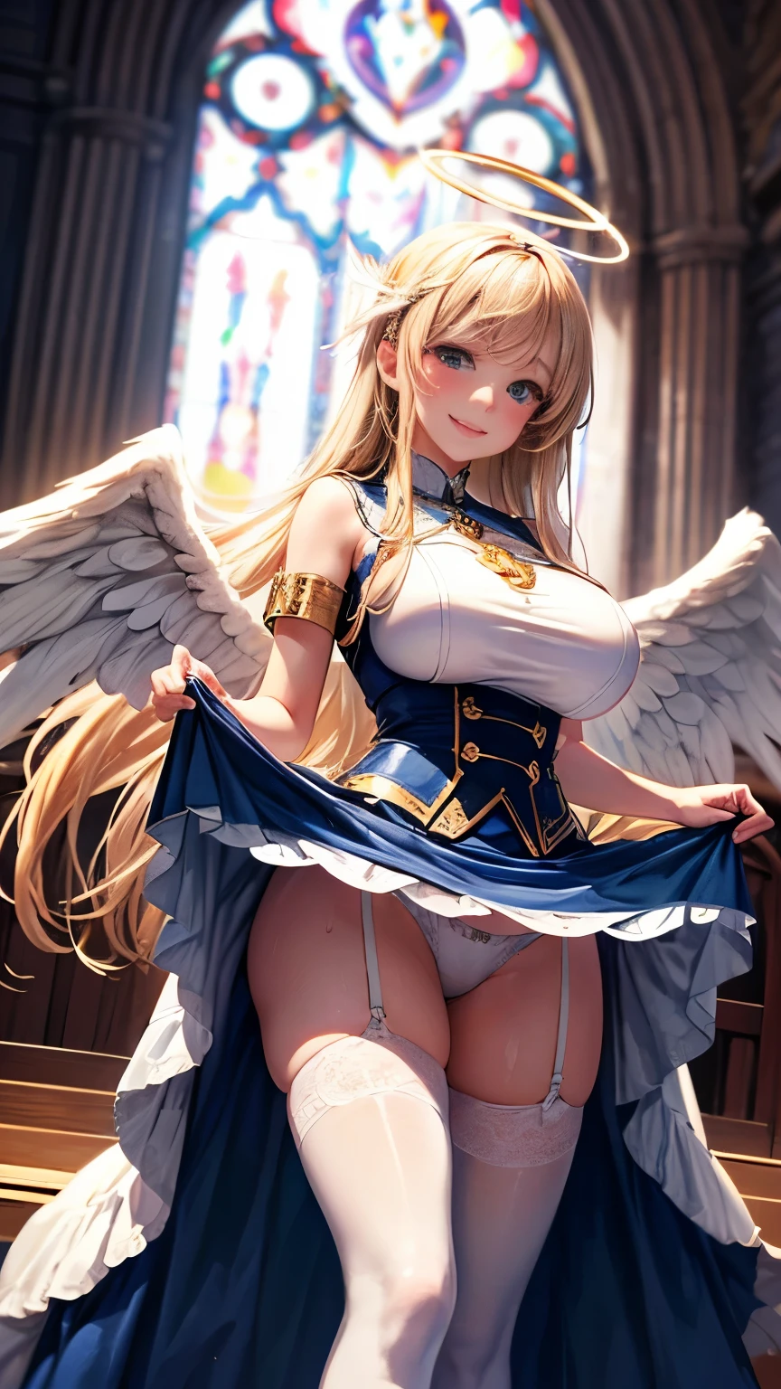 highest quality,masterpiece,8k,1girl,((((((s old)))))),((big breasts:1.3)),smile,blush, sweat,blonde hair,long hair,((fantasy,angel,wing:1.1)),halo,white dress,mini skirt,lift skirt,upskirt,white panties,white thighhighs,lift skirt,upskirt,white panties,church