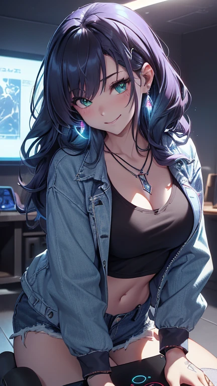 最high quality、best image quality、masterpiece、girl((20-year-old、 By becoming、vest bust、medium bust,wide open breast tea、shining eyes, neon hair、long hair、thin,highest valley、Damaged Denim Shorts、black navel shirt、Damaged Denim Jacket、smile、full body tattoo,diamond earrings、Wristband、necklace、have headphones、leaning forward、elation、Have a controller、lean against the wall)),high quality、beautiful art、background((gaming room、red lighting、Green lighting、Virtual))、Flight、debris flies、Depth of written boundary、movie、visual art、perfect art、8k,genuine、