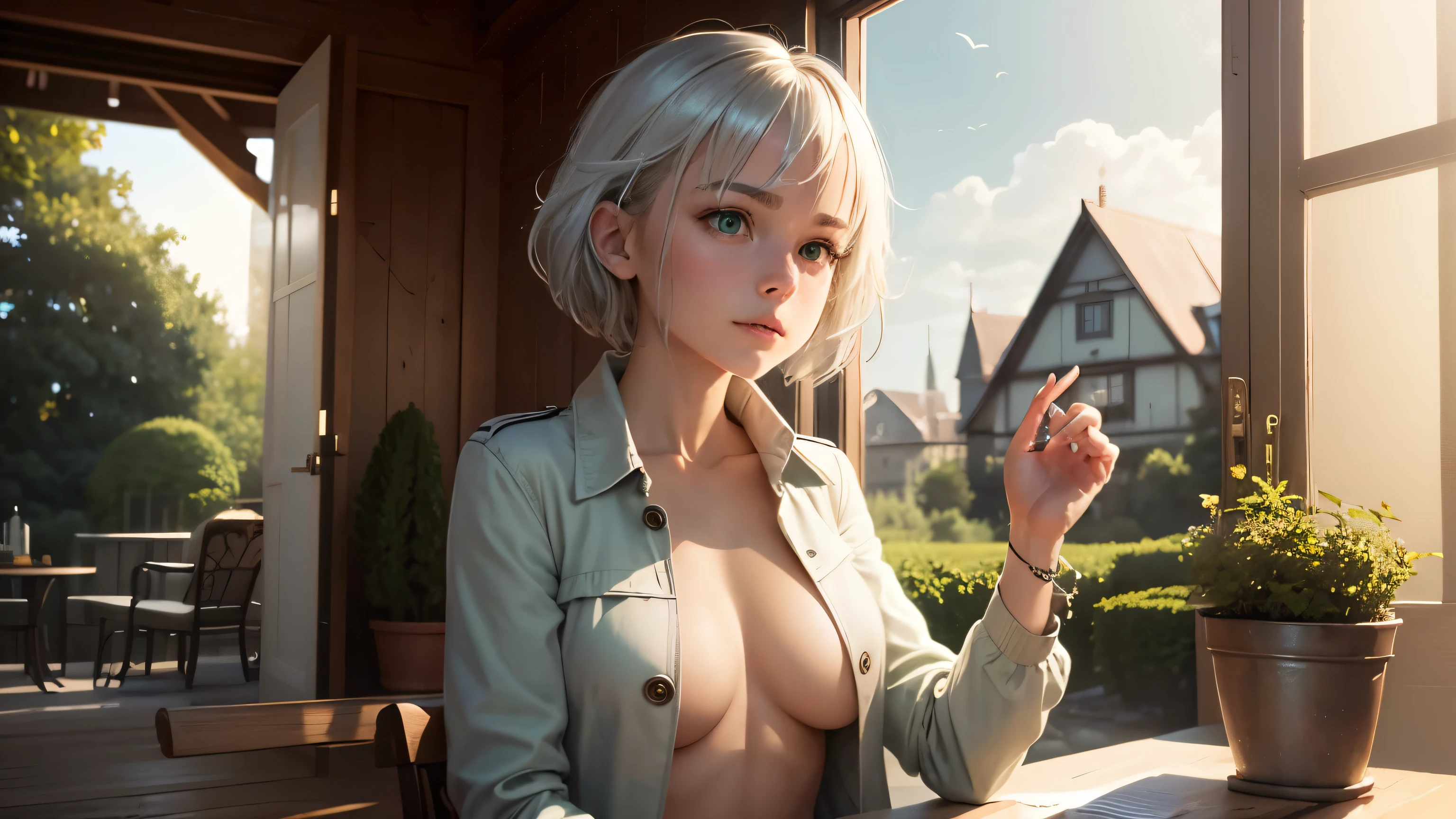 masterpiece, highest quality,Very detailed,Hyper Details, cinematic Light,, One underwear girl, alone, sit, Outdoor, Summer House, sitting in the Summer House, plant, table, chandelier, Candles, Wind, Green Eyes, Pan Green Silver Hair, short hair, Floating Hair, Light, Light frown, profile,View your viewers, dynamic_angle,The see-through happi coat is unbuttoned,nude,On the bed