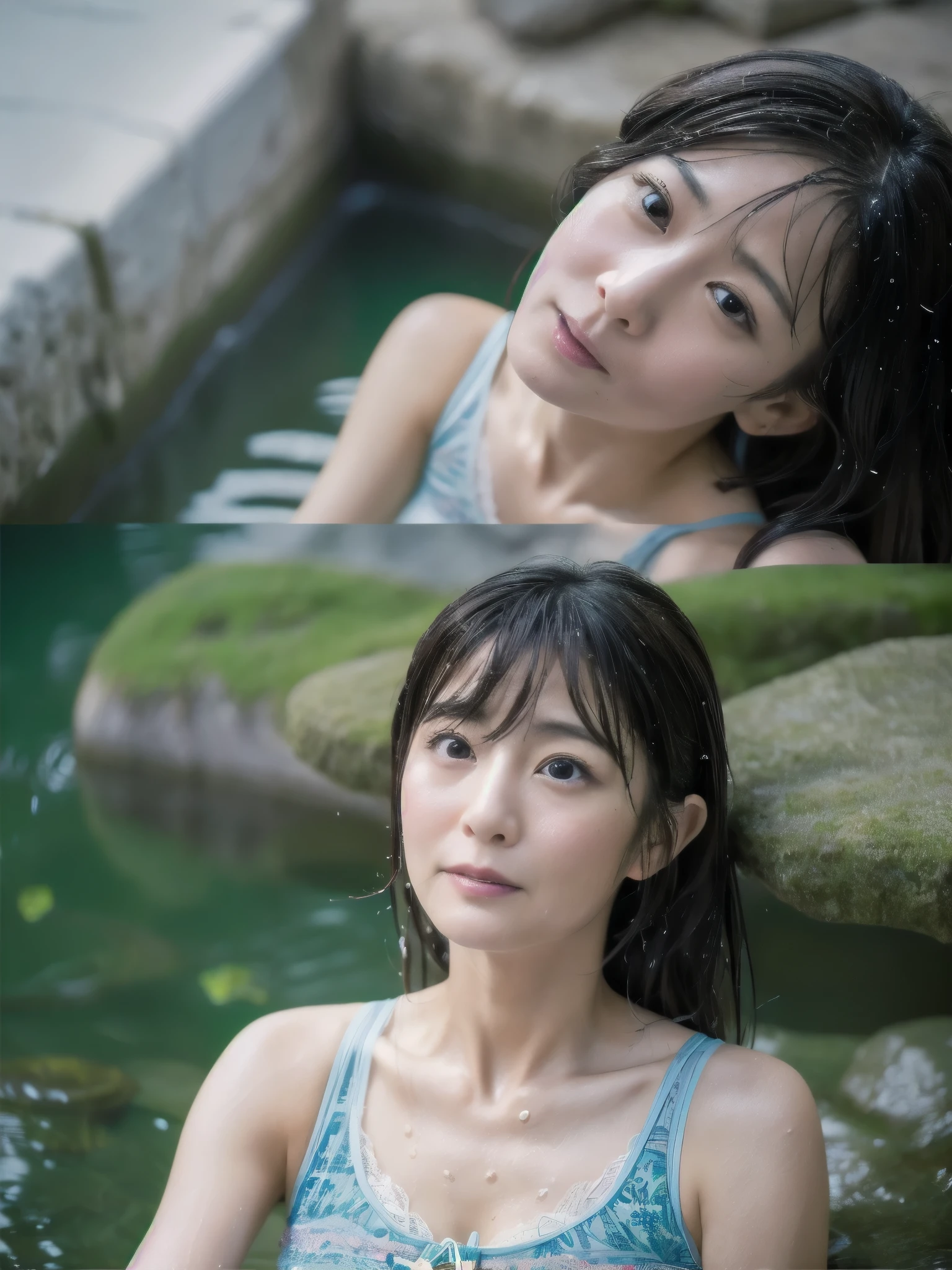 Japanese women, 39 years old, (Realistic), (Hyperrealism), (photoRealistic), (8k resolution), Written boundary depth, (Upper Body:1.2), Highly detailed face, Beautiful Eyes, Cute face, various expressions, Various Hair Styles, (Small breasts:0.6), (Very small waist:0.7), Wet hair、Shooting from the sky、Underwear is visible、