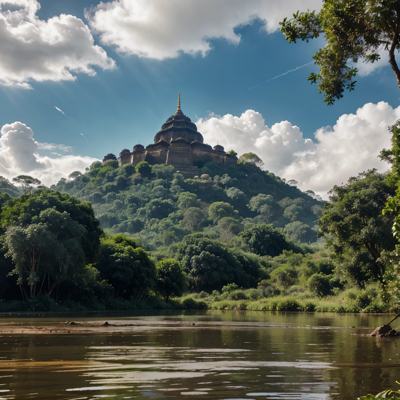 Hills , jungle with waterbody , cloudy atmosphere with clouds old templeas