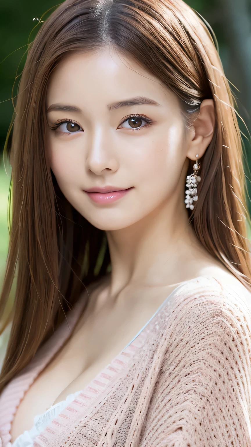 8k, highest quality, masterpiece, Realistic, Photorealistic, Ultra-detailed, Natural light, Highly detailed face and skin, Detailed eyes, Highly detailed face and skinの中間ショット, Beautiful woman staring at camera, Sexy pose, Beautiful Face, Realistic Face, Detailed face, Beautiful hairstyle, Realistic eyes, Fine grain, Realistic Skin, Detailed skin, Green Eyes,Beautiful Skin, Charm, Ultra-realistic, ((Large Breasts,Pink Cardigan, kind, Brown Hair, Cute Japanese Idol, Whole body 1:4,Dimples,))