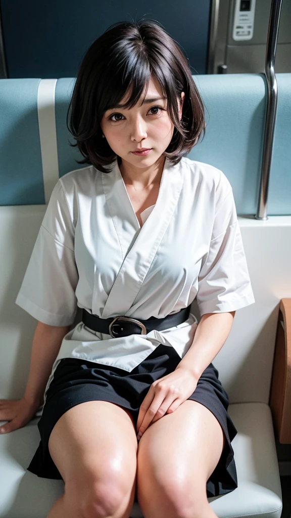 (Tabletop, high quality, 超high quality, 4k)Black-haired、Japan girl at 30 years old、OL、Accentuate your thighs、White thighs,Soft thighs、Glossy thighs、Sitting on the train、The inside of the skirt is white panties:1.3、Leg spread:1.5、Facing angle,(Angle from below),sit in a train seat,Sitting in front，Zooming in on the crotch camera,My feet are on the train floor,Esbian all over,Sleepy with head down,Watch only viewers」, 最high quality, 超High resolution, (Realistic:1.4),, High resolution, detailed, RAW Photos, Sharply, Nikon D850 Film Stock Photo by Lee Jefferies 4 Kodak Portra 400 Camera F1.6 Lenses Rich Color Hyper-Real Lifelike Textures Dramatic Lighting Unreal Engine Art Station Trends CineStir 800,, detailedな顔, Beautiful Eyes, Small face, round face, Large, narrow, cat-like eyes, Long eyelashes, Big Nose, Large forehead, 