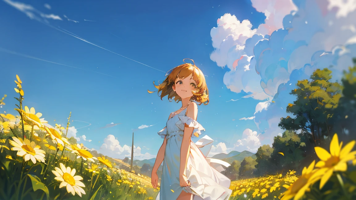 Masterpiece-grade CG, Maximum image quality and detail, Photo-level realism (1.4). (One Girl), Wearing a white dress, slightly exposed shoulders, Delicate and radiant skin, smile, in the garden, Surrounded by yellow daisies, I raised my head a little and looked up at the bright sky., The paintings employ an artistic impasto style., Softer brightness, 4K HD wallpapers, Better volumetric cloud effect.