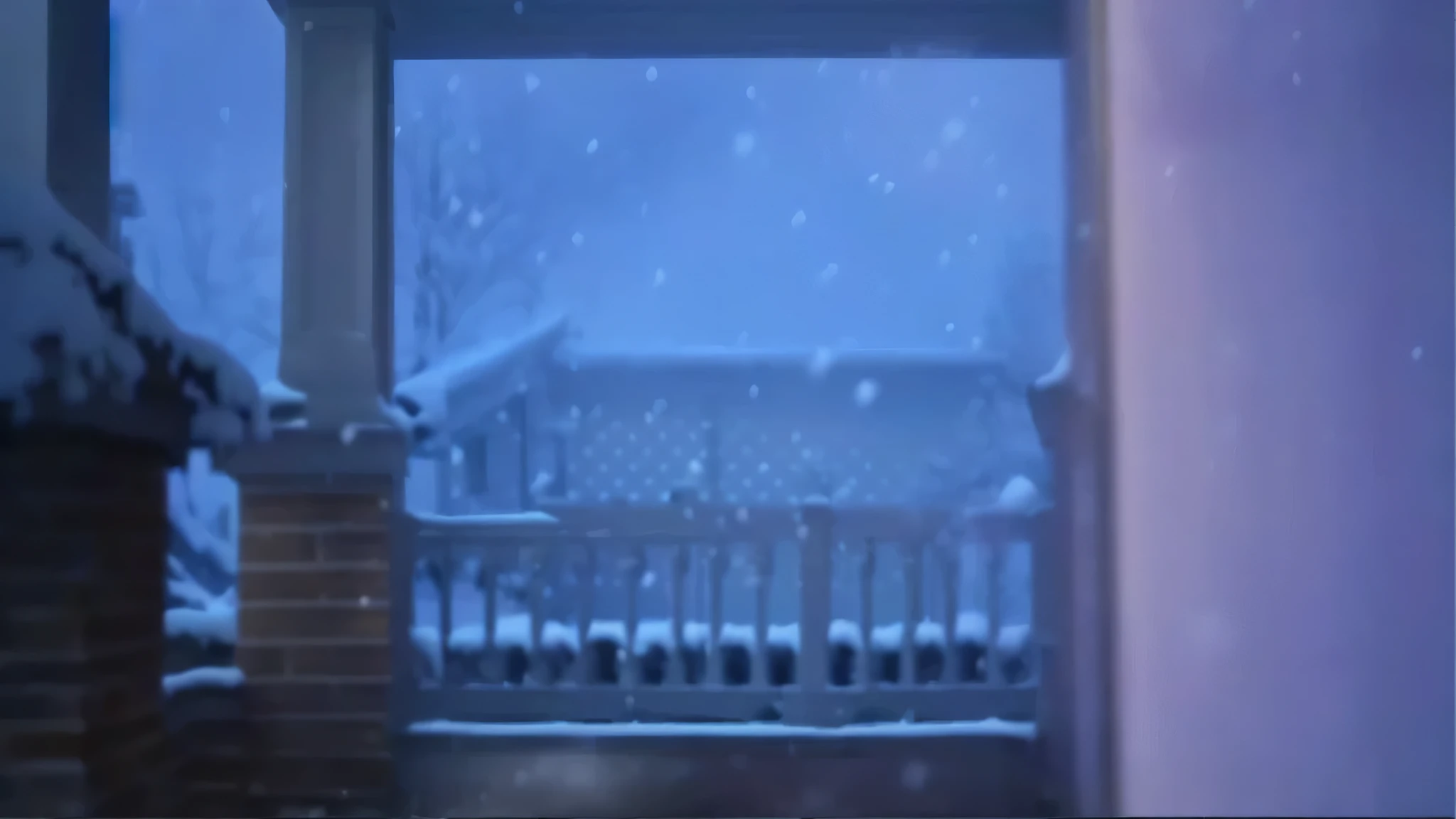 There is a cat sitting on the porch,Looking out the window, snow outside, moonlight snow, outside in snow snow, snowflake, Only snow in the background, Random background scenes, Movie screenshots, The background is hazy, Snowflake Dance, Balcony scene, foamy landscape, dreamy sequence, Only snow in the background, snowflake falling, snowflake falling, snow
