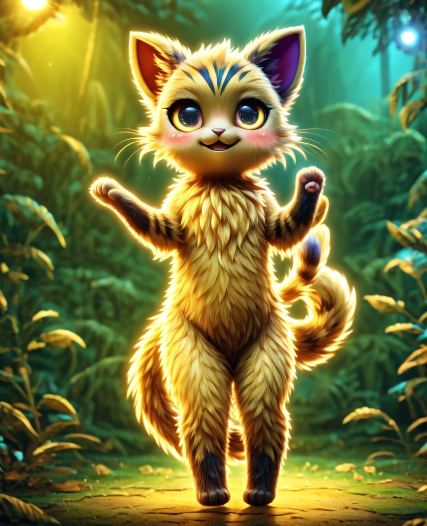 Dagashi, ( Hairy body) , (Realistic fur) , Are standing, Fluffy tail, blush, (:3), A cross between a girl and a cat, happy ,Dancing, Cinema Lighting ,4K, in the forest, cute