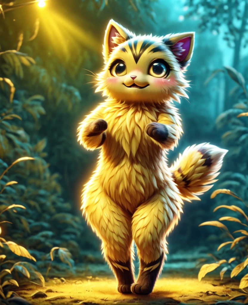 Dagashi, ( Hairy body) , (Realistic fur) , Are standing, Fluffy tail, blush, (:3), A cross between a girl and a cat, happy ,Dancing, Cinema Lighting ,4K, in the forest, cute