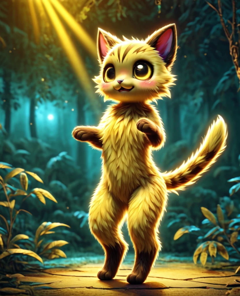 Dagashi, ( Hairy body) , (Realistic fur) , Are standing, Fluffy tail, blush, (:3), A cross between a girl and a cat, happy ,Dancing, Cinema Lighting ,4K, in the forest, cute