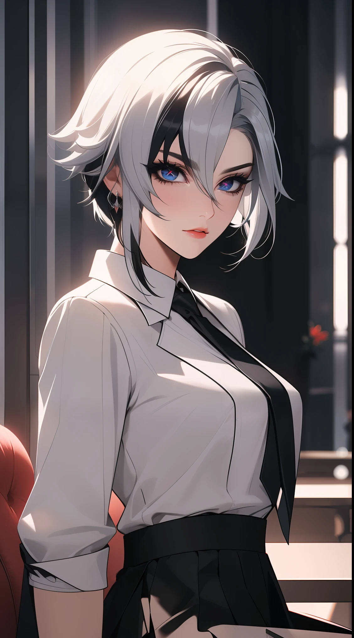 1girl, solo, white hair, black hair, multicolored hair, black eyes, x-shaped pupils,
BREAK (({Black business suit:1.40},{tie:1.20},{White gloves:1.15},{ White shirt:1.10}, {Black Skirt:1.15}, good looking:1.5))
BREAK expressionless, looking at viewer, sitting,
BREAK (masterpiece:1.2), best quality, high resolution, unity 8k wallpaper, (illustration:0.8), (beautiful detailed eyes:1.6), extremely detailed face, perfect lighting, extremely detailed CG, (perfect hands, perfect anatomy),