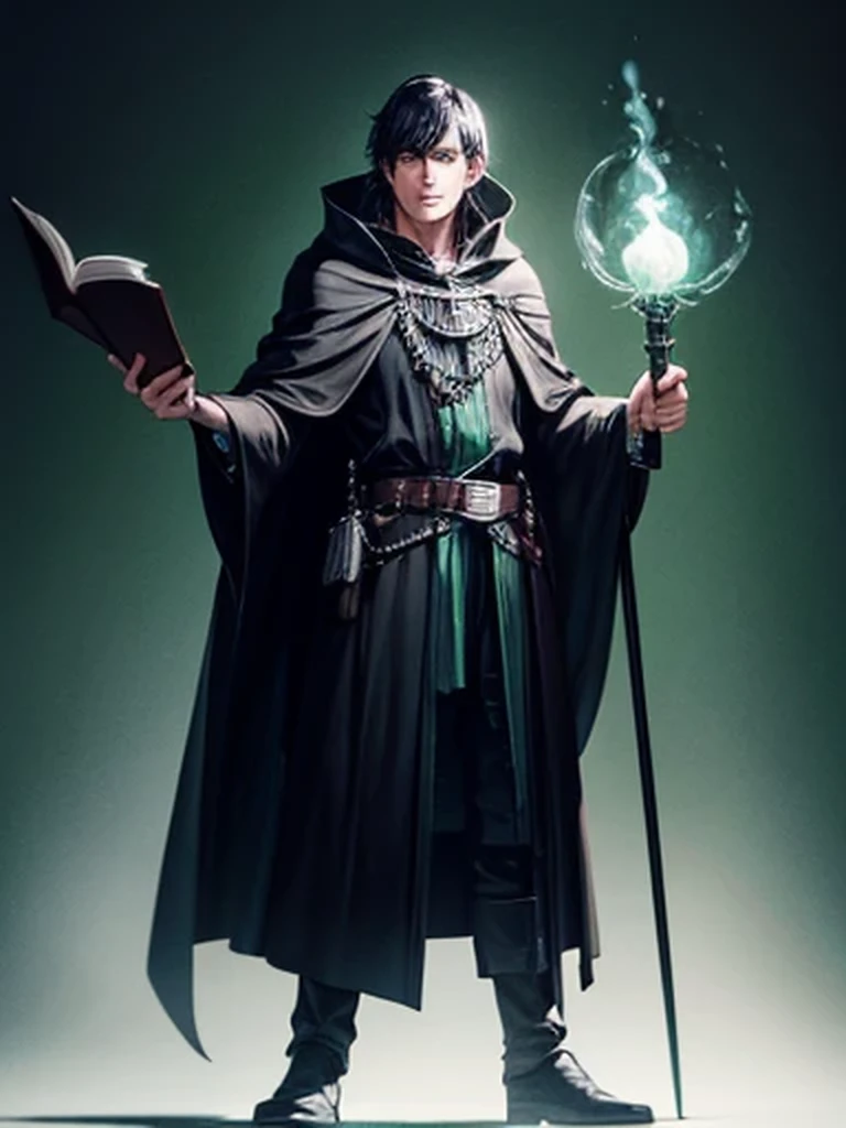 A man with black hair in a dark cloak in silver, holding a staff with a green skull at the end, stands in the audience and writes on the blackboard 