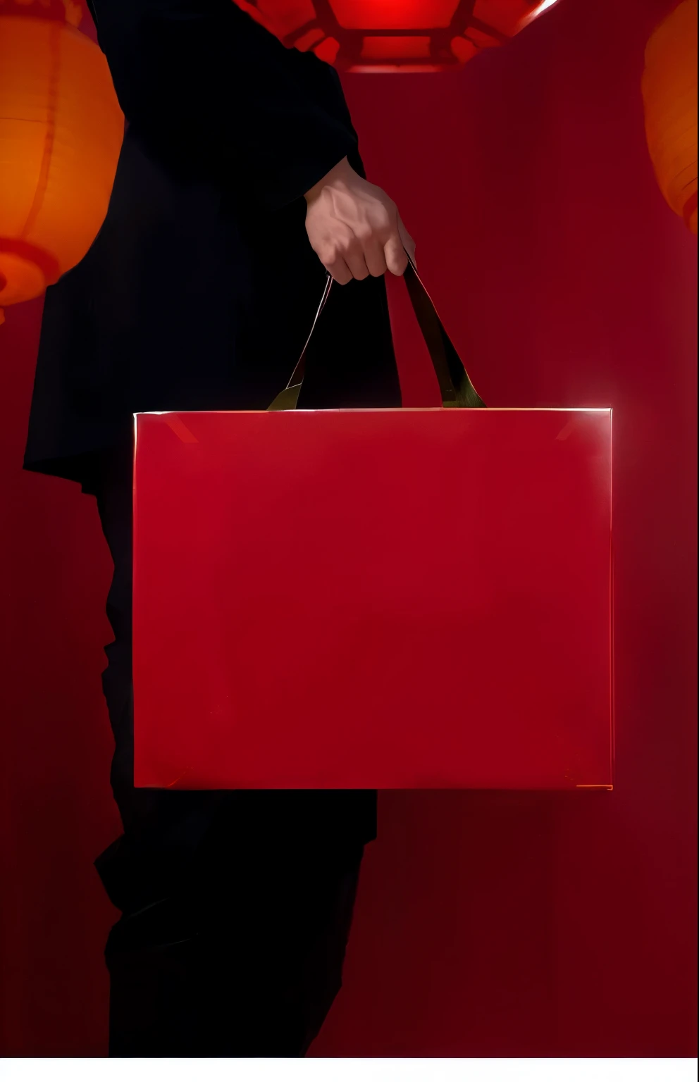 An Asian man holding a red bag with a golden hand strap, There is a blurred lantern element in the foreground，Large aperture，Aesthetics in line with Chinese style，The festive and relaxed atmosphere of the New Year，High-end gift