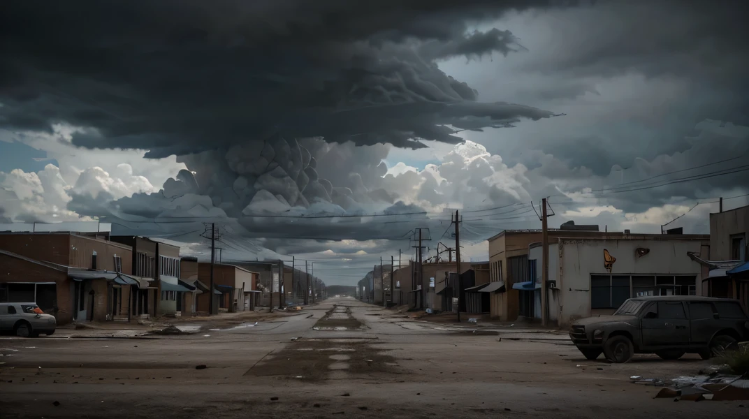 The sky in the post-apocalyptic background was full of dark clouds., I need a 1920x1080 resolution picture of a small town with gray low buildings and no people, looking at it from a human perspective.
