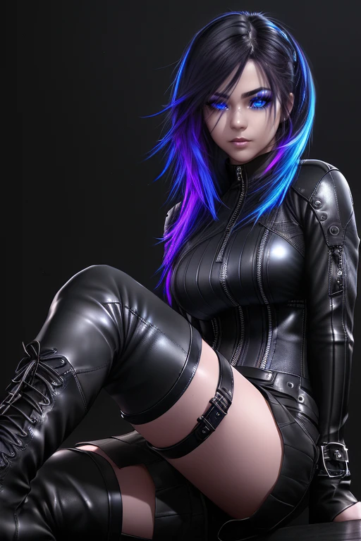 beautiful girl, full body, short bright blue neon streaked dishevelled hair, ((large light realistic detailed eyes:1.3)), ((seductive pose:0.5)), black eyeshadow, (street style wear:1.2), ((tight fitted short skirt)), ((knee high leather boots:1.3)), (dark city night black background:1.4), dark makeup, digital art, trending on artstation, highly detailed, fine detail, intricate, beautiful detailed glow, detailed, Cinematic light, high-res, detailed facial features, sharp focus, smooth, aesthetic,