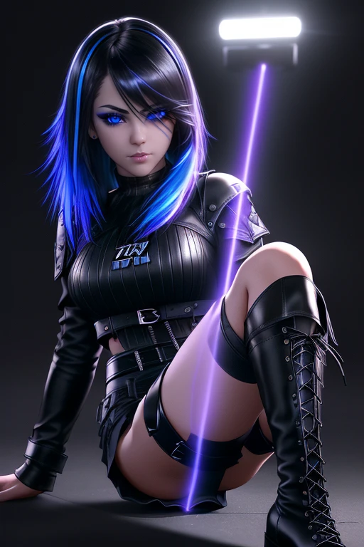 beautiful girl, full body, short bright blue neon streaked dishevelled hair, ((large light realistic detailed eyes:1.3)), ((seductive pose:0.5)), black eyeshadow, (street style wear:1.2), ((tight fitted short skirt)), ((knee high leather boots:1.3)), (dark city night black background:1.4), dark makeup, digital art, trending on artstation, highly detailed, fine detail, intricate, beautiful detailed glow, detailed, Cinematic light, high-res, detailed facial features, sharp focus, smooth, aesthetic,