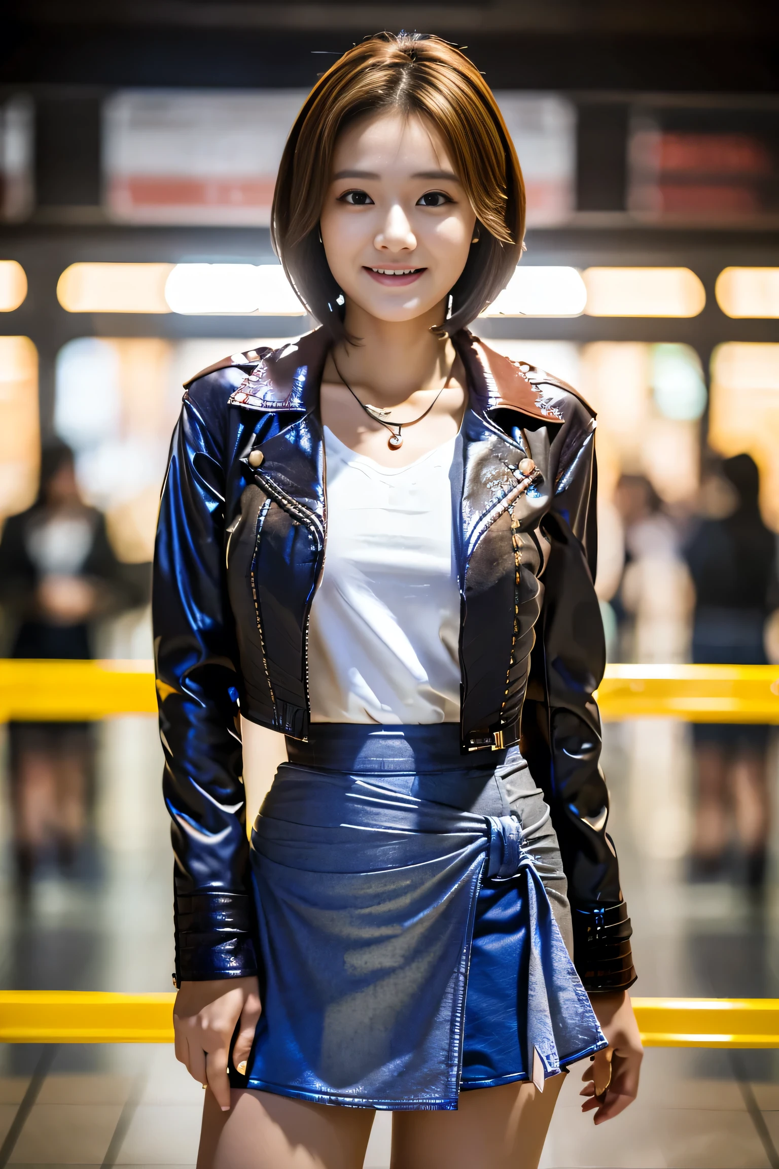 (Full body shot from head to toe:1.5),(18-year-old female),((Mini tight skirt:1.5)), (The best quality at its best:1.4), (Super detailed), (Very detailed CG unified 16k), Beautiful woman with perfect figure: 1.4, Sharp focus: 1.2, Very detailed, High-quality RAW color photos, Professional photography, Great face and eyes, Beautiful eyelashes、(Amazingly beautiful girl),((Leather jacket:1.5)), Are standing, Sexy posture,(airport:1.3), (View from below), Realistic movie faces, Realistic, ((Natural light brown hair color, Realistic blue eyes)),( Short Bob Hair:1.5), (necklace:1.5)、Very beautiful face, Perfect model beauty, Mouth swelling, Highly detailed face and skin texture, double eyelid, Medium chest, smile, (masterpiece), highest quality, High resolution, Very detailed, Blurred Background, Cinema Lighting, Great legs, Clear, well-maintained skin,