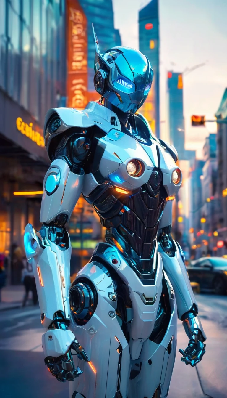 A robot with a silver exterior and blue highlights stands in the center of a city street. La conception du robot semble avancée et humanoïde, avec un casque qui illumine ses yeux en bleu, and detailed hands with five fingers. The urban backdrop features a mix of blue and purple neon lights, with two cars parked along the sides of the street. Le décor dégage une ambiance futuriste et technologique, et il y a des preuves que cela se produit plus tard dans la journée, although the exact time is not confirmed. Buildings are visible in the background, contribuer au contexte urbain.