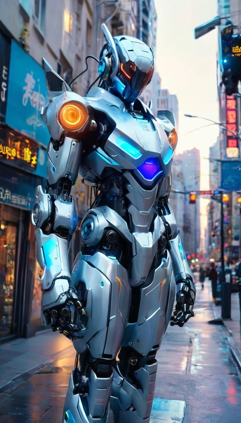 A robot with a silver exterior and blue highlights stands in the center of a city street. La conception du robot semble avancée et humanoïde, avec un casque qui illumine ses yeux en bleu, and detailed hands with five fingers. The urban backdrop features a mix of blue and purple neon lights, with two cars parked along the sides of the street. Le décor dégage une ambiance futuriste et technologique, et il y a des preuves que cela se produit plus tard dans la journée, although the exact time is not confirmed. Buildings are visible in the background, contribuer au contexte urbain.
