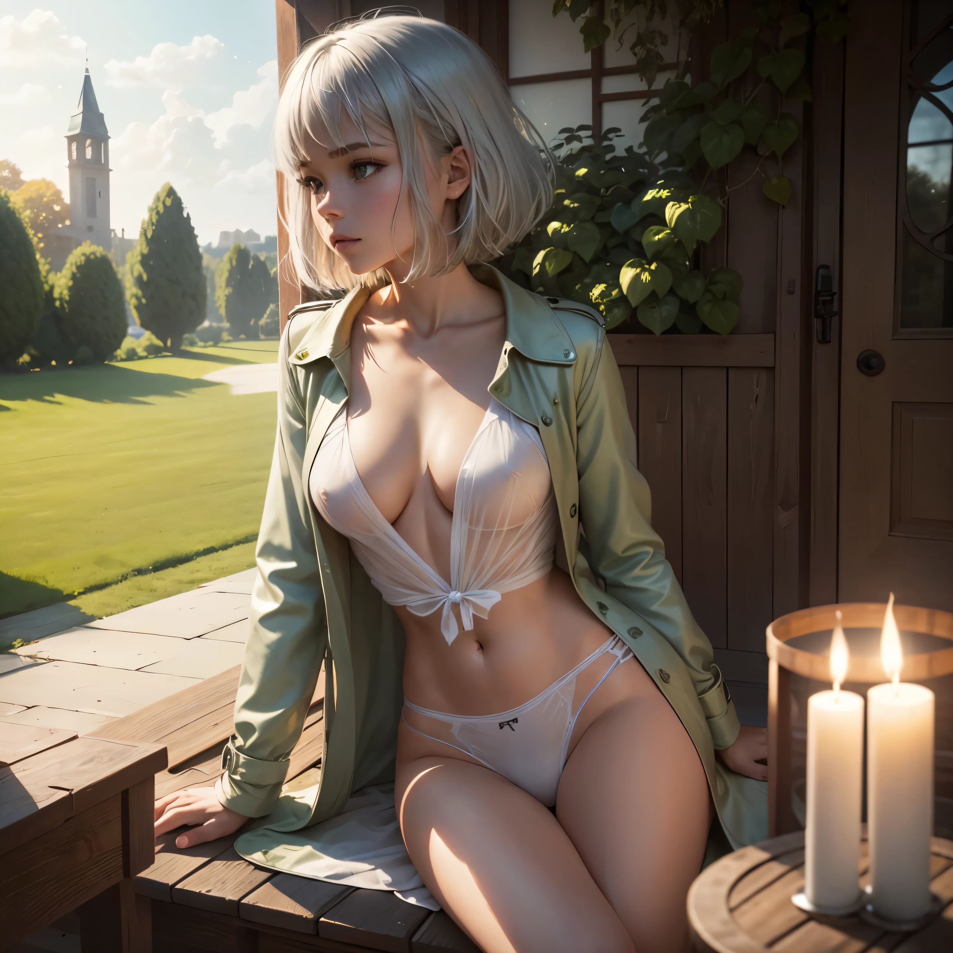 masterpiece, highest quality,Very detailed,Hyper Details, cinematic Light,, One underwear girl, alone, sit, Outdoor, Summer House, sitting in the Summer House, plant, table, chandelier, Candles, Wind, Green Eyes, Pan Green Silver Hair, short hair, Floating Hair, Light, Light frown, profile,View your viewers, dynamic_angle,The see-through happi coat is unbuttoned,nude,On the bed