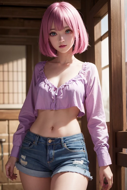 looking at the camera, very beautiful white woman, baby face, best low rise denim, (thighs), belly button, A big smile, very thin body, very white skin, ((extremely small breasts)), (Ivory knit cardigan with fully buttoned buttons), ((perfect pink nipples)), dancing, colorful makeup, Colorful eyeliner, bangs, white orange hair, gold bracelet, gold necklace, jewelry, photo realistic, skin details, slim, short , sweaty, My cheeks turned red, daytime, Natural light,