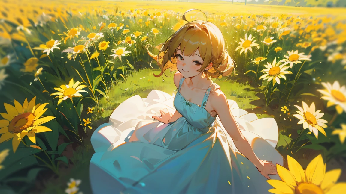 Masterpiece-grade CG, Maximum image quality and detail, Photo-level realism (1.4). (One Girl), Wearing a white dress, slightly exposed shoulders, Delicate and radiant skin, smile, in the garden, Surrounded by yellow daisies, I raised my head a little and looked up at the bright sky., The paintings employ an artistic impasto style., Softer brightness, 4K HD wallpapers, Better volumetric cloud effect.