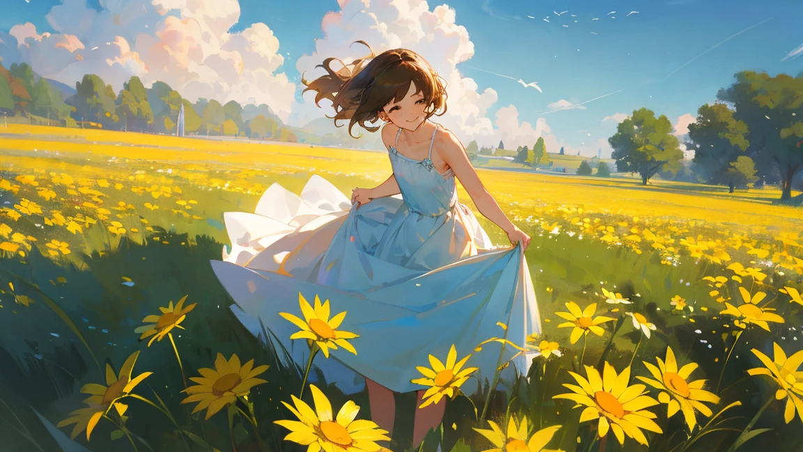 Masterpiece-grade CG, Maximum image quality and detail, Photo-level realism (1.4). (One Girl), Wearing a white dress, slightly exposed shoulders, Delicate and radiant skin, smile, in the garden, Surrounded by yellow daisies, I raised my head a little and looked up at the bright sky., The paintings employ an artistic impasto style., Softer brightness, 4K HD wallpapers, Better volumetric cloud effect.