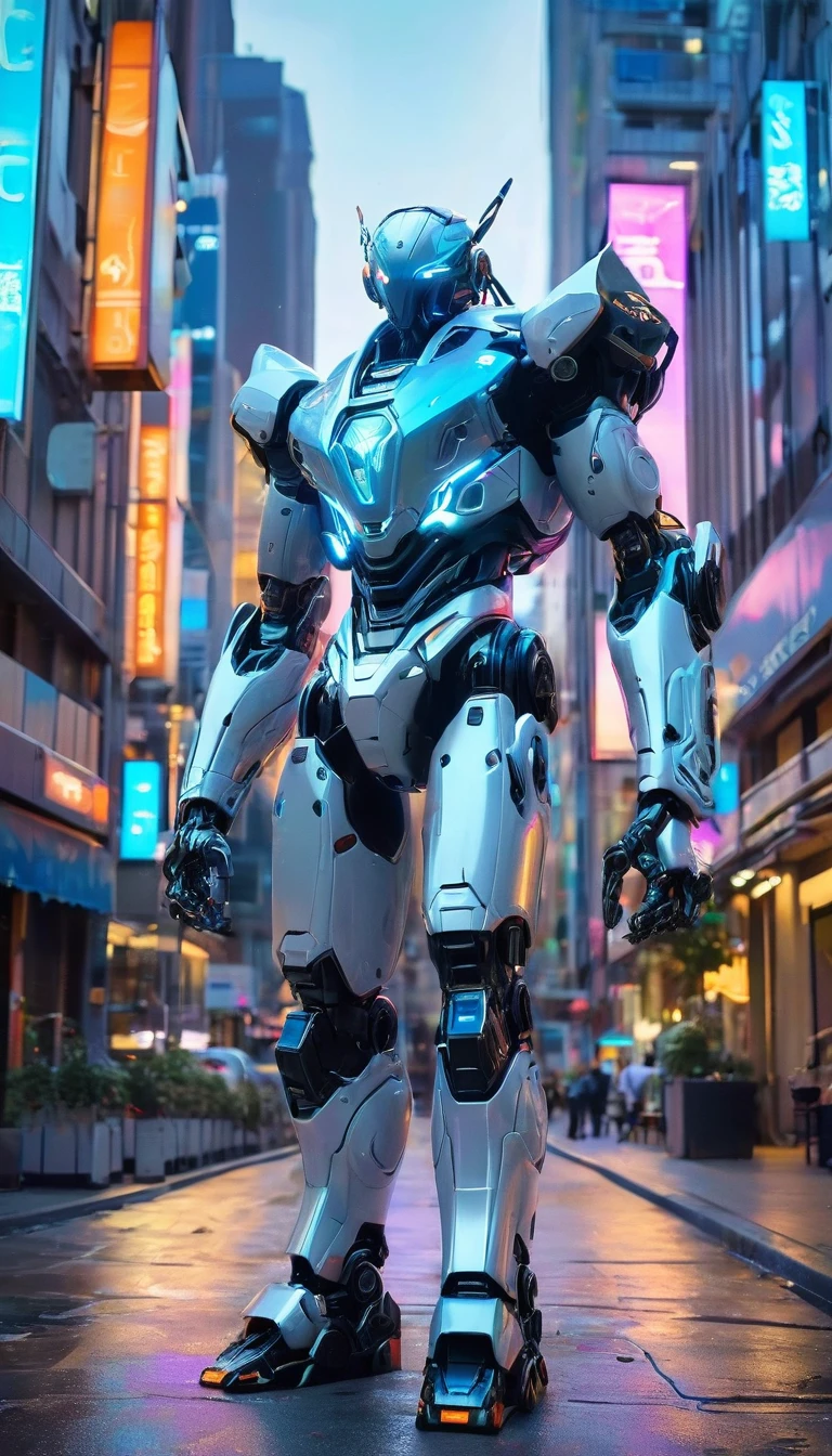A robot with a silver exterior and blue highlights stands in the center of a city street. La conception du robot semble avancée et humanoïde, avec un casque qui illumine ses yeux en bleu, and detailed hands with five fingers. The urban backdrop features a mix of blue and purple neon lights, with two cars parked along the sides of the street. Le décor dégage une ambiance futuriste et technologique, et il y a des preuves que cela se produit plus tard dans la journée, although the exact time is not confirmed. Buildings are visible in the background, contribuer au contexte urbain.