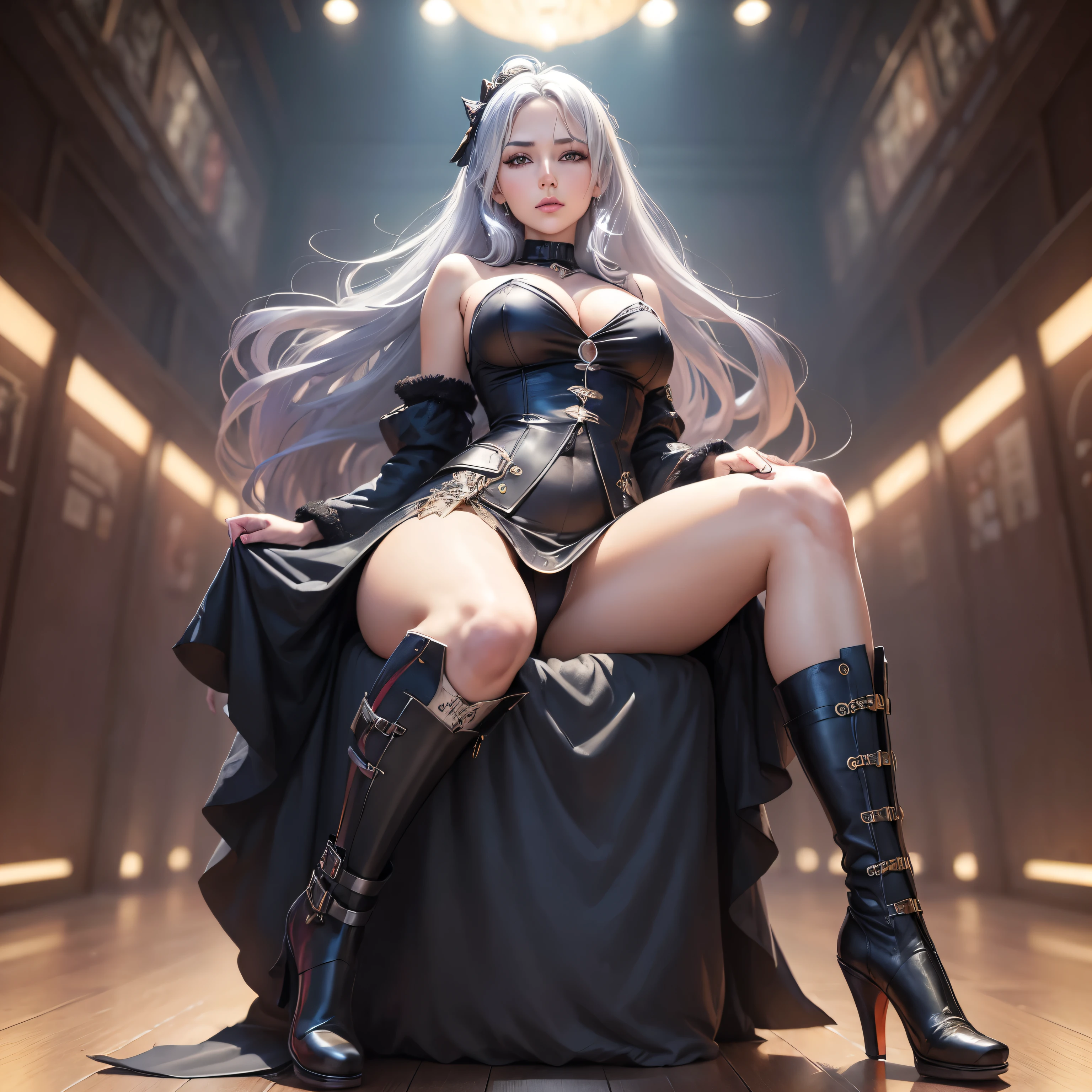 (Dramatic digital art:1.3) of,(Lively:1.3) portrait of female (Snezana Sakovich 2:1.1) Wearing a see-through kimono, Sleeping on the bed,Style - Silver Magic, Stylish girl,society,Art Station,The happi coat is open,Thin legs,short boots